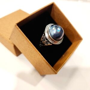 New Sterling Silver Genuine Blue Mabe Pearl & Filigree Ring